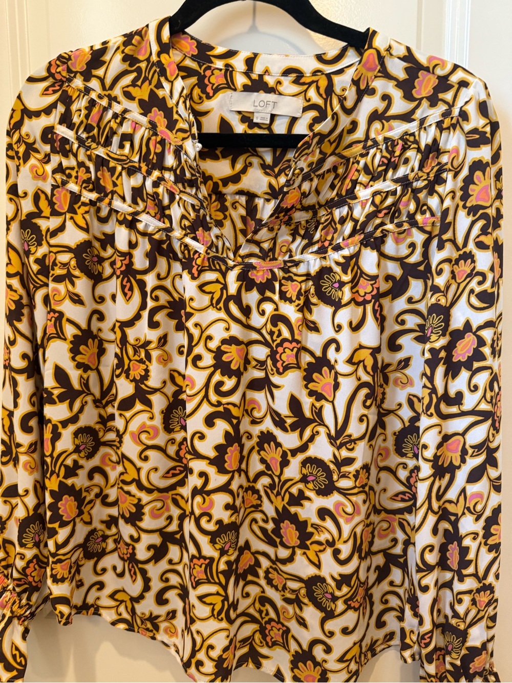 LOFT Cream Floral Blouse with Pink & Brown Scroll Print